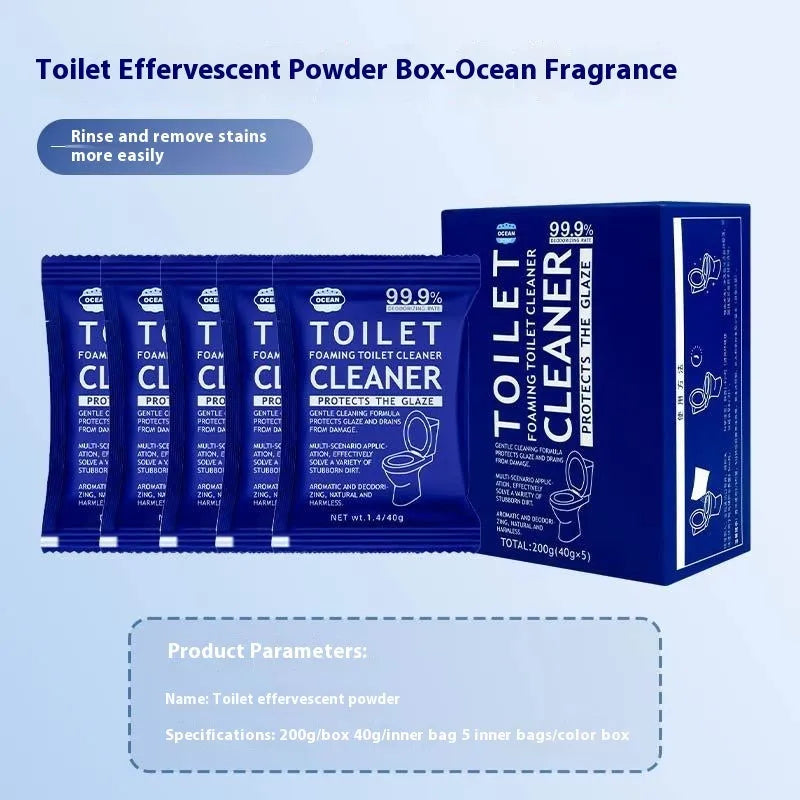 Toilet bubble powder descaler in blue ocean or pink floral fragrance, boxed 5x40g bags or 240g large bag.
