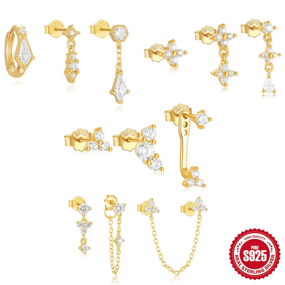 S925 sterling silver geometric zircon tassel earrings for women in gold colours