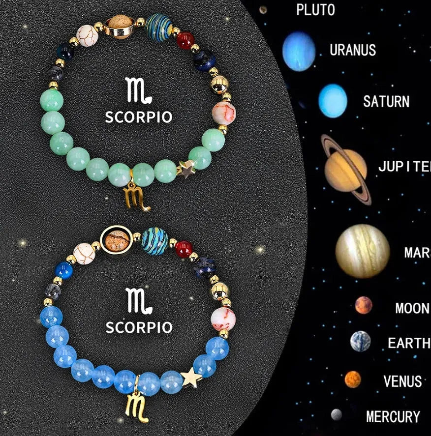 Two natural stone beaded bracelets with Chinese zodiac animal designs on elastic wristbands.