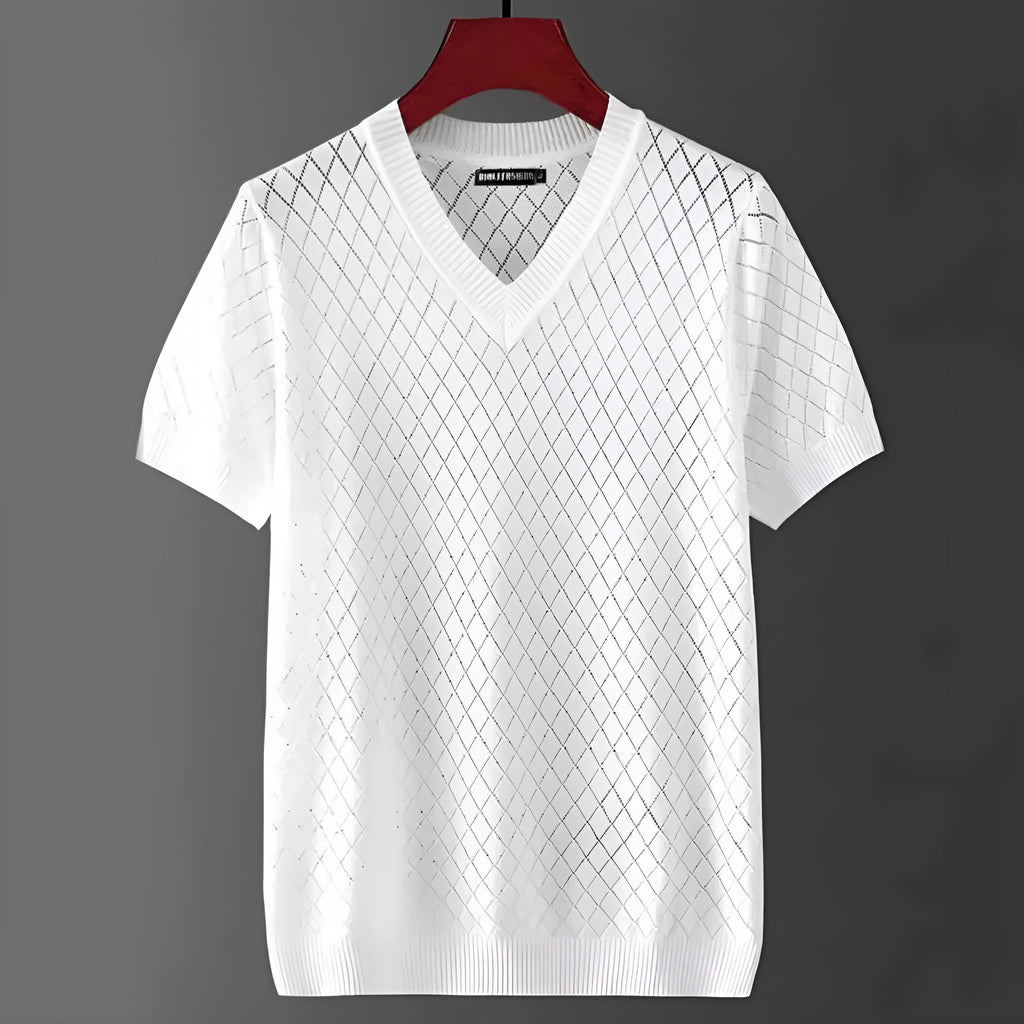 Men's Korean style ice silk t-shirt in black or white with V-neck or round neck options
