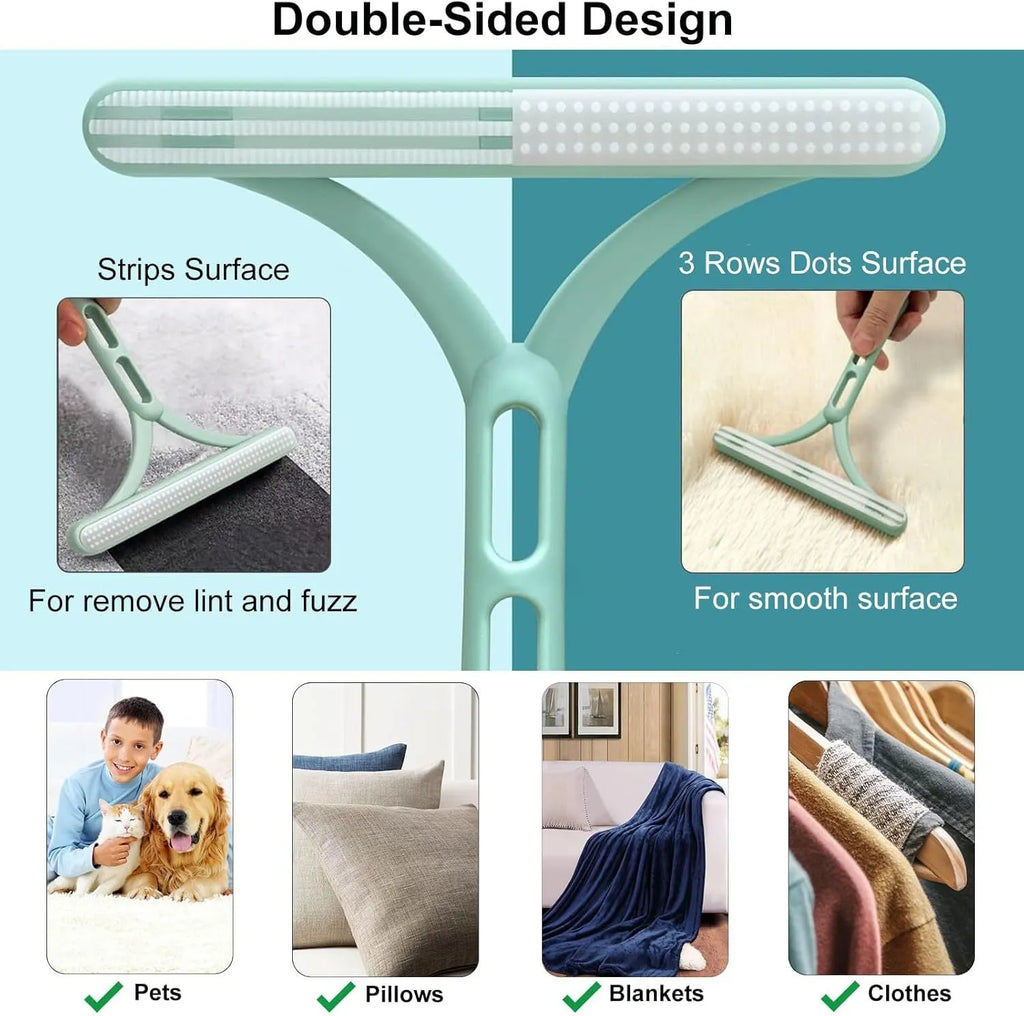 Three-piece pet hair remover set with metal scraper, silicone brush, and round cleaner for removing hair