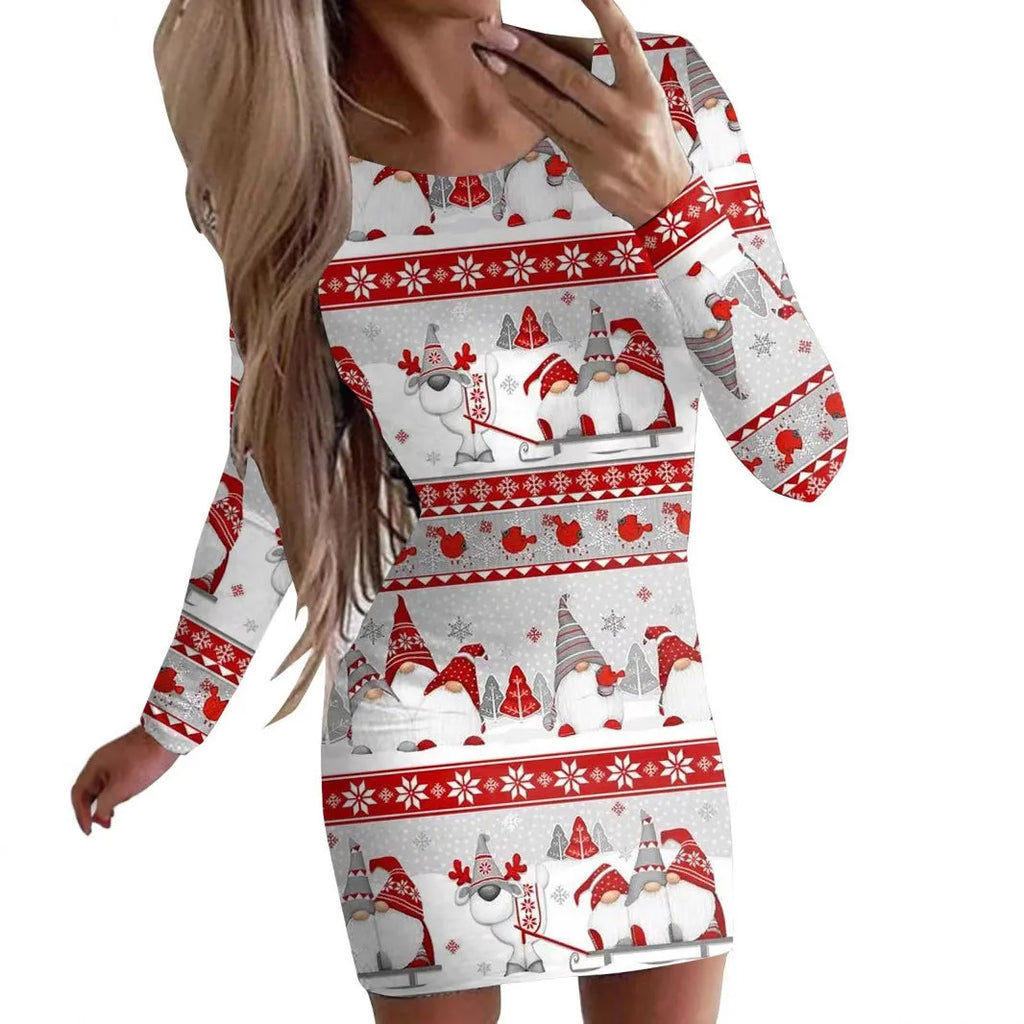 Women's tight-fitting Christmas dress with animal print and long sleeves in a floral colour.