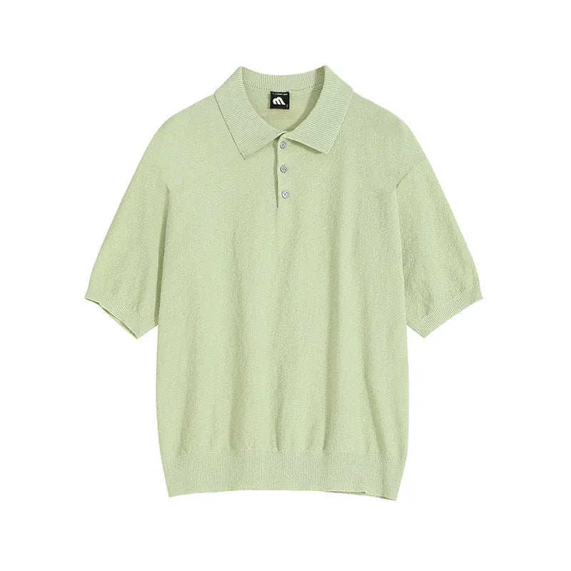 Men's caramel coloured retro knitted polo shirt with asymmetric detail and short sleeves in loose fit