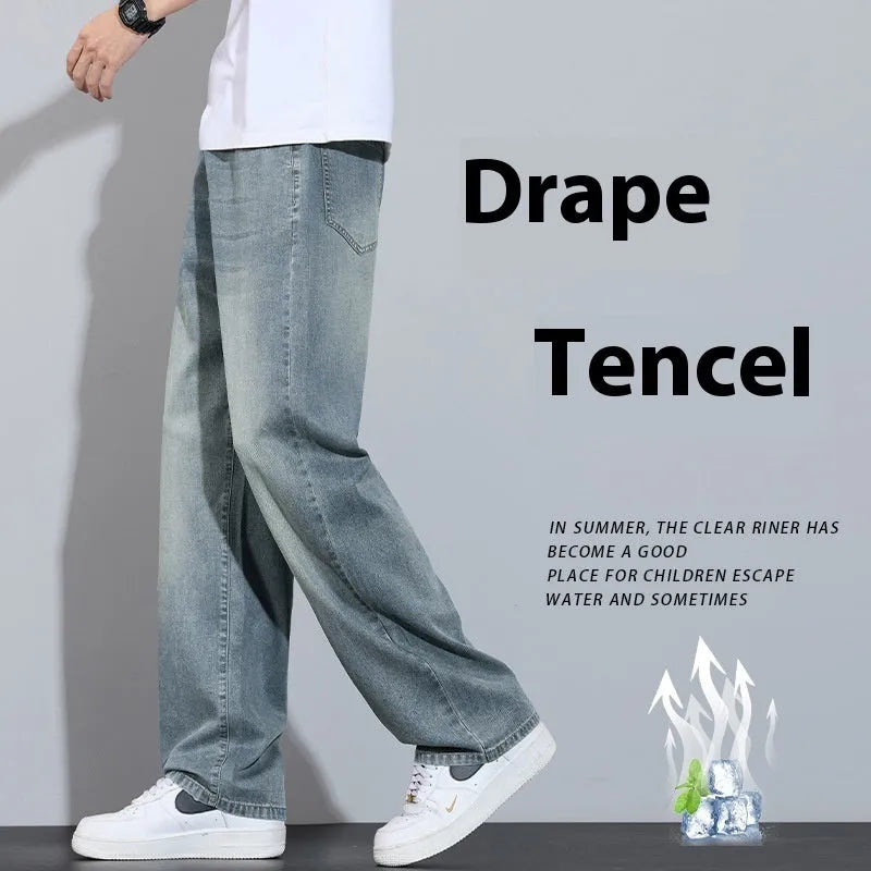 Straight leg casual trousers in denim ice silk fabric with wide leg cut