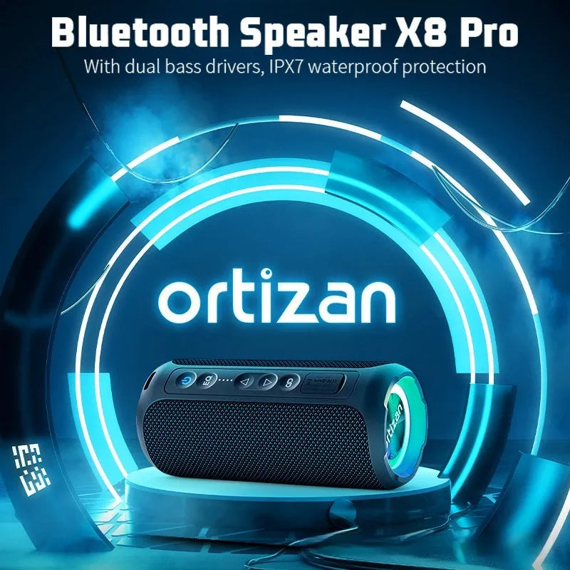 Black and blue fabric Bluetooth speaker with RGB lighting showing waterproof outdoor design