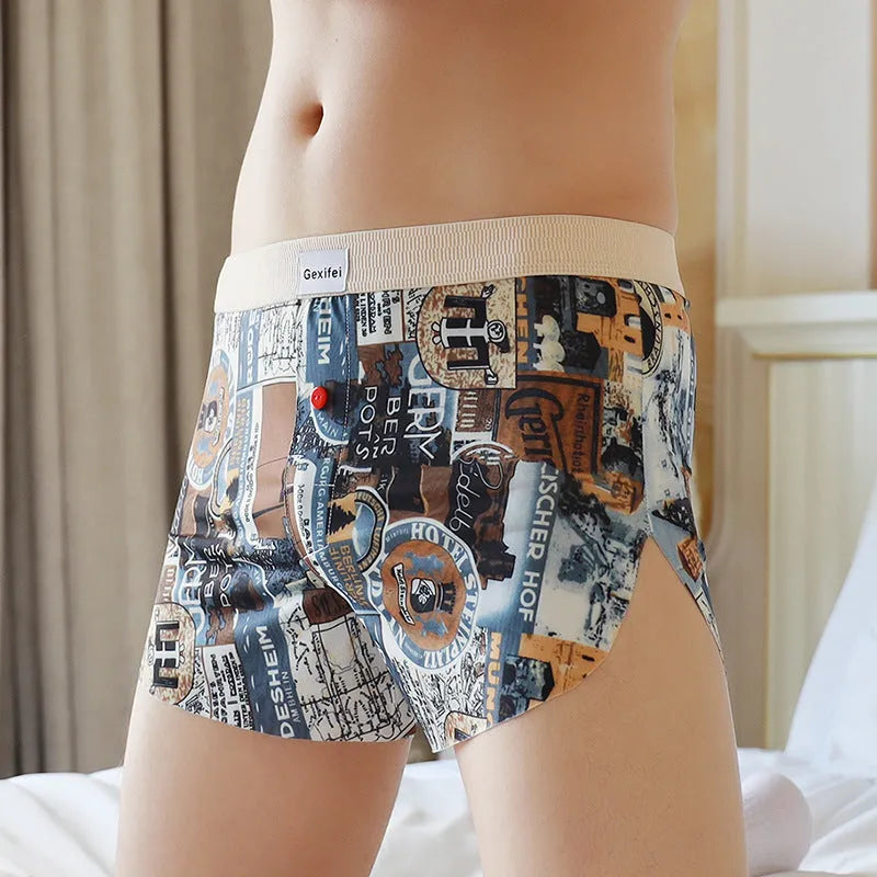 Thin breathable 4XL boxer shorts in graffiti pattern with polyester fabric, seamless design, mid waist, available in leaf green colour