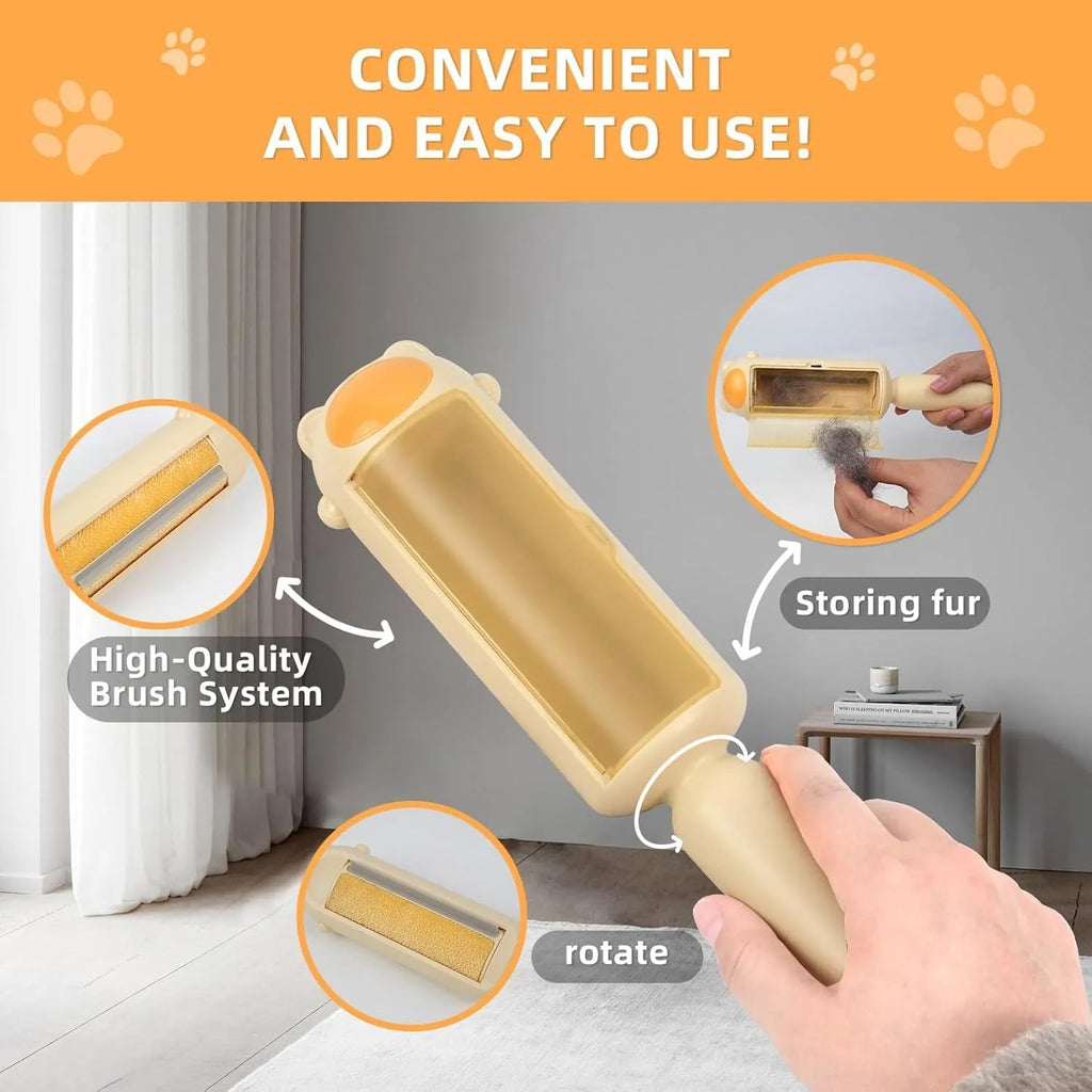 Blue pet hair remover roller with self-cleaning base on a fabric sofa.