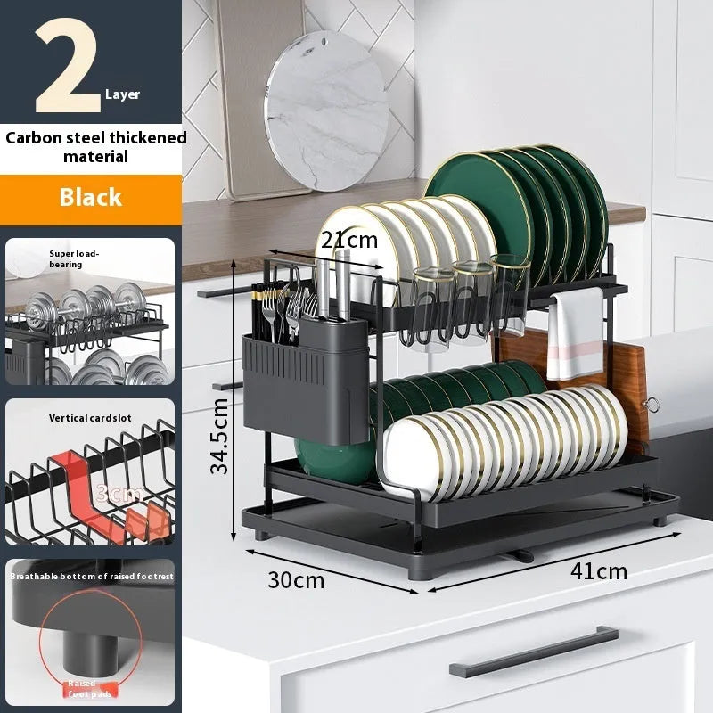 Double-layer kitchen storage rack with removable components in black or white finish