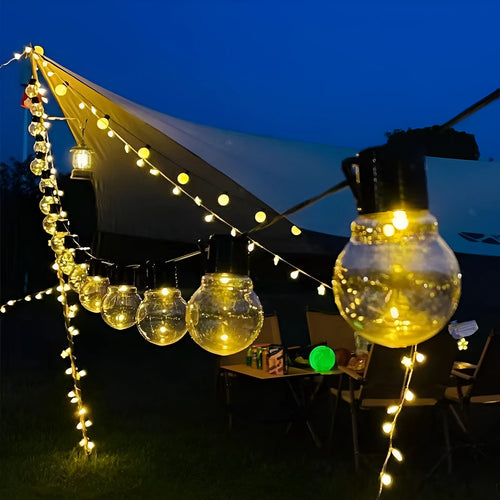 10 metre solar festival light string with 40 bulbs in warm white or clear globe styles on black cable
