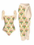 Women's two-piece floral printed polyester swimsuit with matching hip skirt in conservative style