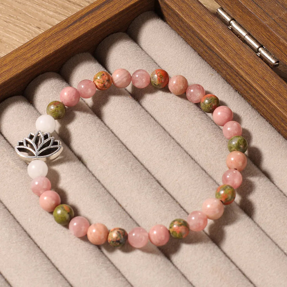 Handmade natural rhodonite stone bead seven-pulse lotus bracelet in French retro bohemian style, colour L1381