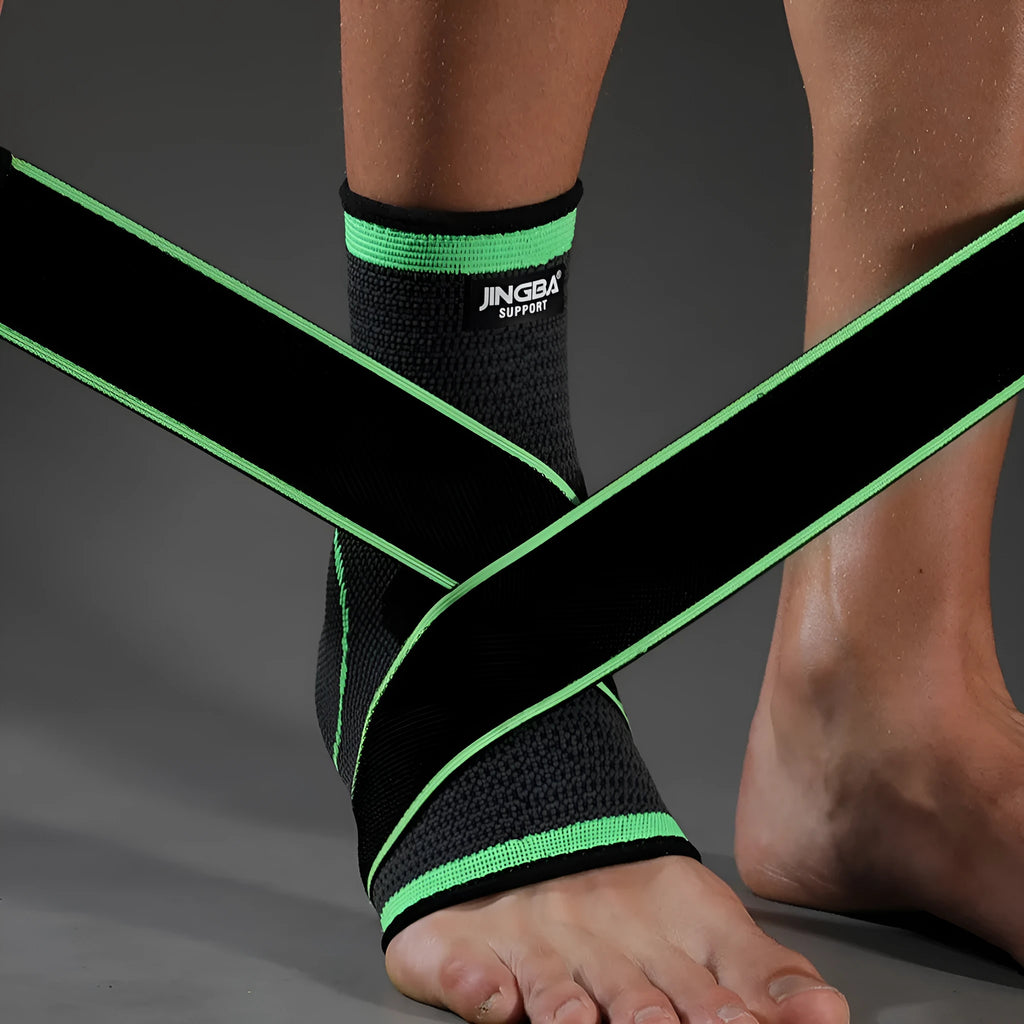Black sports ankle support brace shown on an ankle, suitable for running and basketball.