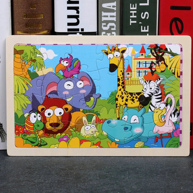 80-piece wooden animal puzzle set in iron box, designed for children aged 3 and over, featuring bear and riding themes