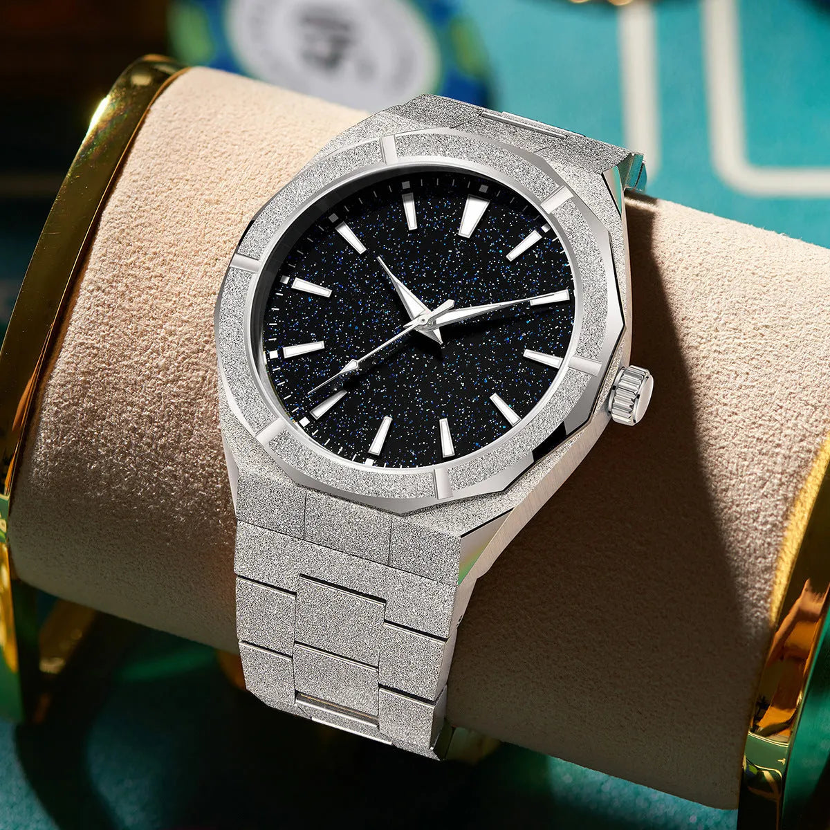 Stainless steel business watch with frosted case and luminous markers in silver, gold or black