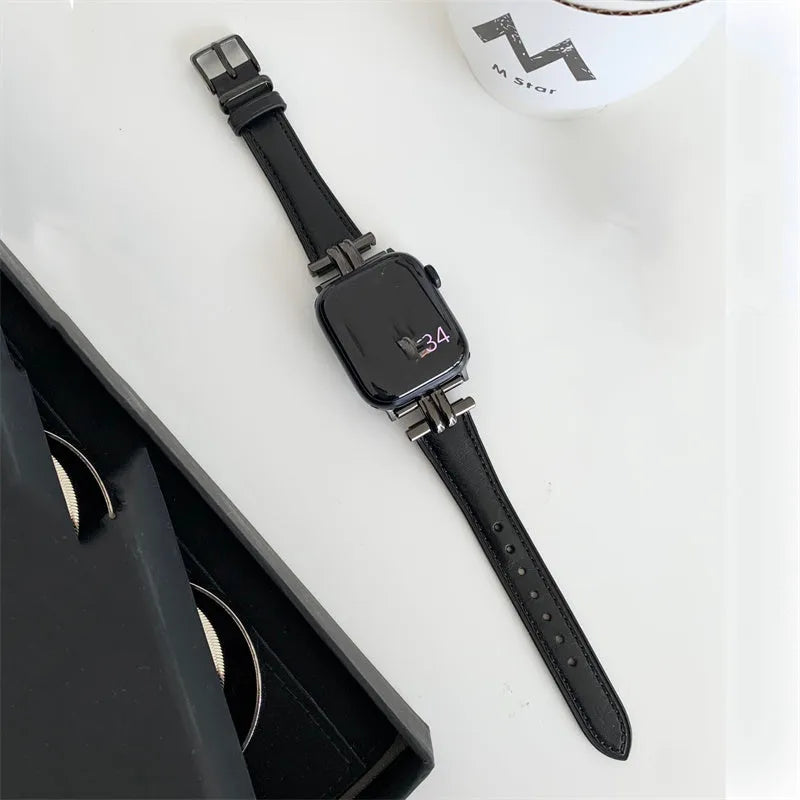 Genuine leather watch strap with metal stitching for Apple Watch, available in multiple colours, fits 38mm to 49mm sizes
