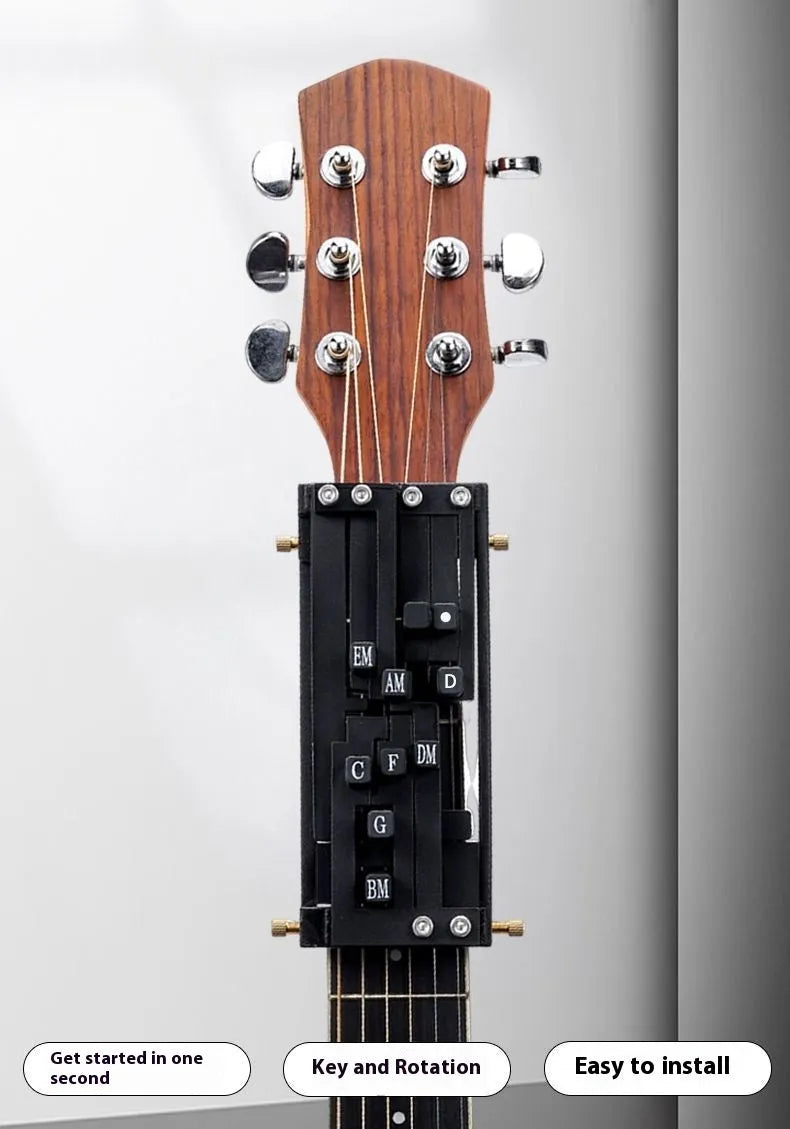 Automatic guitar chord device for beginners clamped on acoustic guitar neck