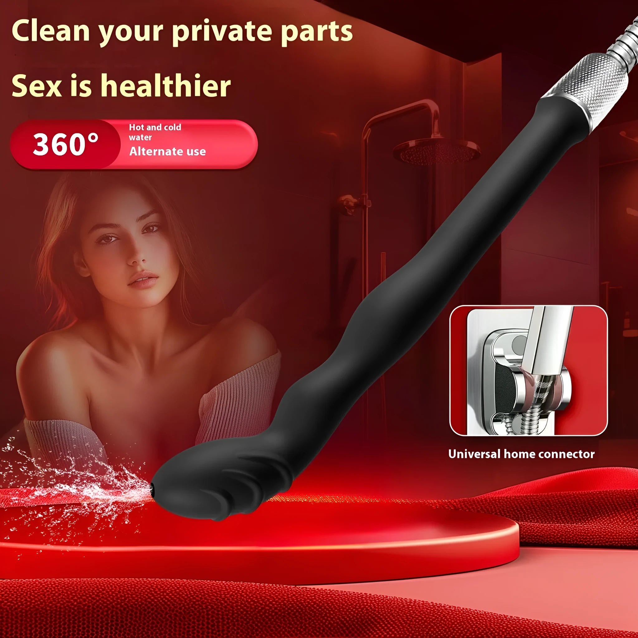Black silicone hosepipe flusher with enema nozzle for cleaning and washing tasks.