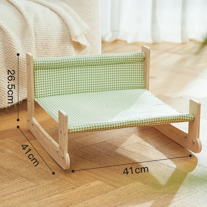 Wooden elevated cat beach chair bed with cloth cushion in blue or green colour