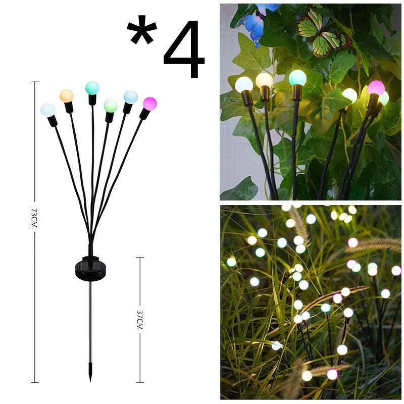Solar-powered LED garden ground light with multiple light heads and a stainless steel spike for installation.