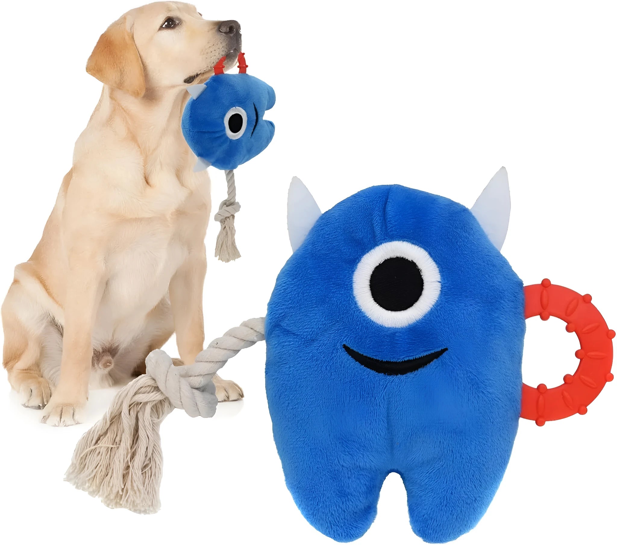 Blue and green plush monster dog toy with rope tug handles