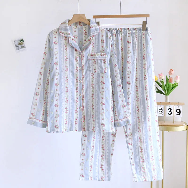 Ladies' cotton double-layer gauze homewear set with long sleeves and trousers in a striped or fruit print pattern.