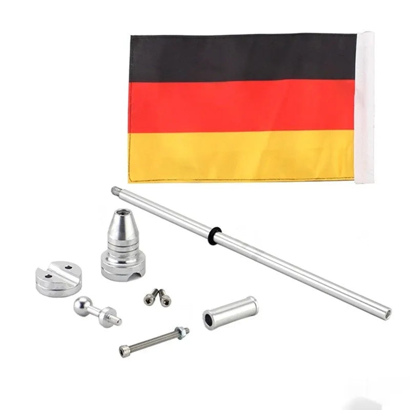 Motorcycle luggage rack flagpole for side box bumper mounting in black and silver finish options