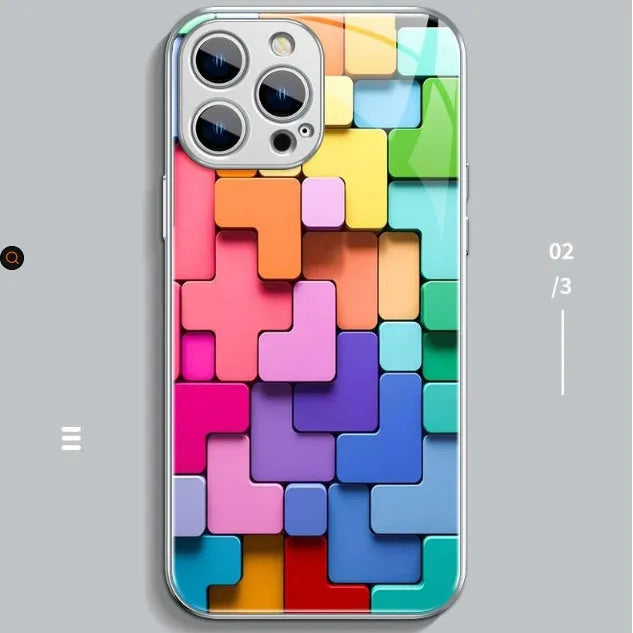 Cartoon geometric silicone phone case for iPhone models showing black, silver and pink glass colour options