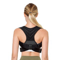 Black adjustable anti-humpback posture correction belt shown on model