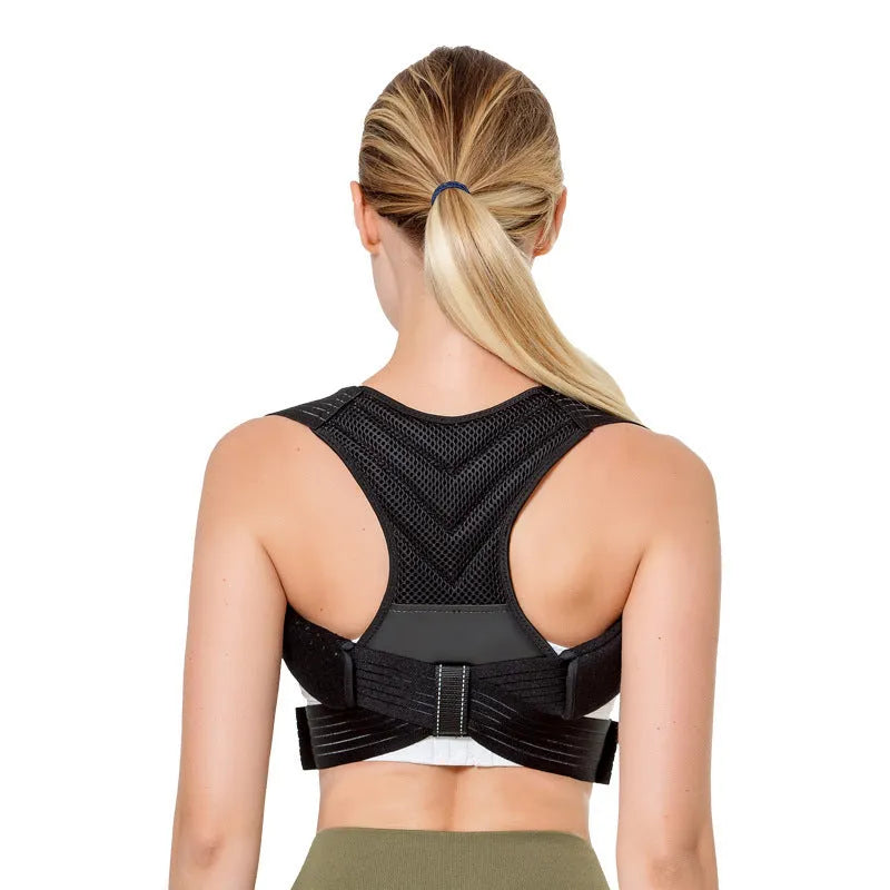 Black adjustable anti-humpback posture correction belt shown on model