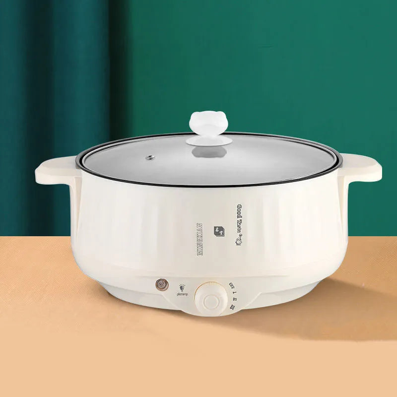 Electric non-stick pot with integrated heating element and stainless steel body in white finish