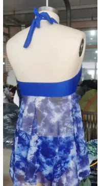 Blue women's bikini swimsuit with briefs style, made from stretch spandex fabric.
