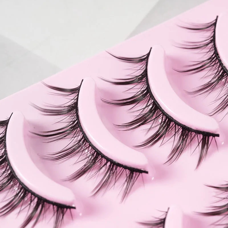Pack of anime-style false eyelashes showing three wispy, natural slim length designs for cosplay and Korean makeup.
