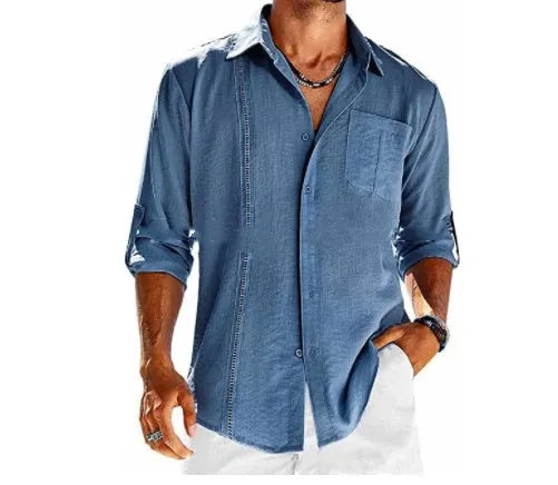 Men's grey long sleeve casual shirt with lace detail on polo collar and a chest pocket.