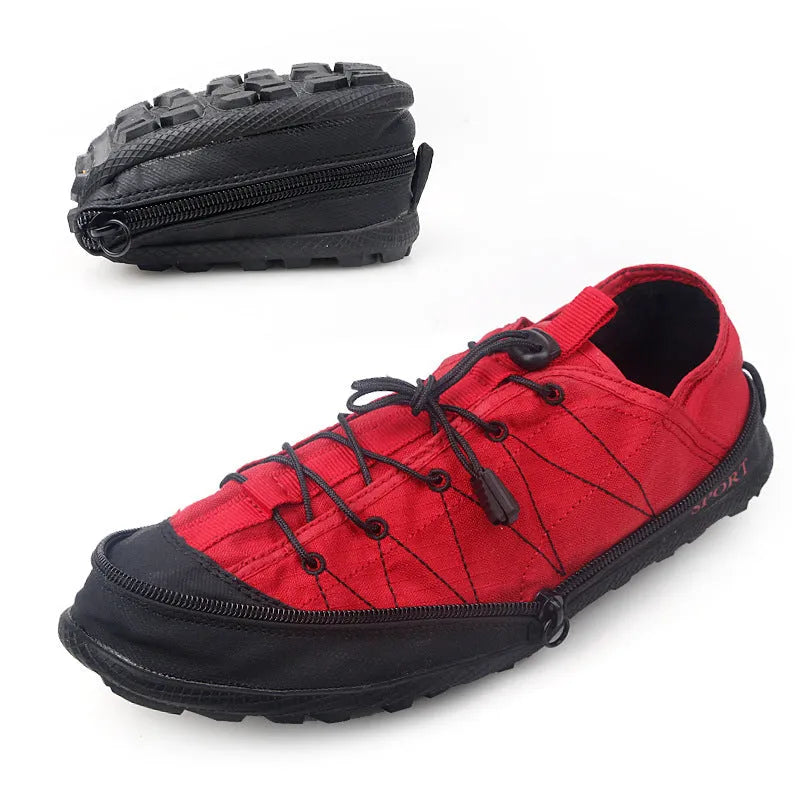 Portable folding outdoor hiking camp travel shoes in orange colour with mesh upper and side zipper