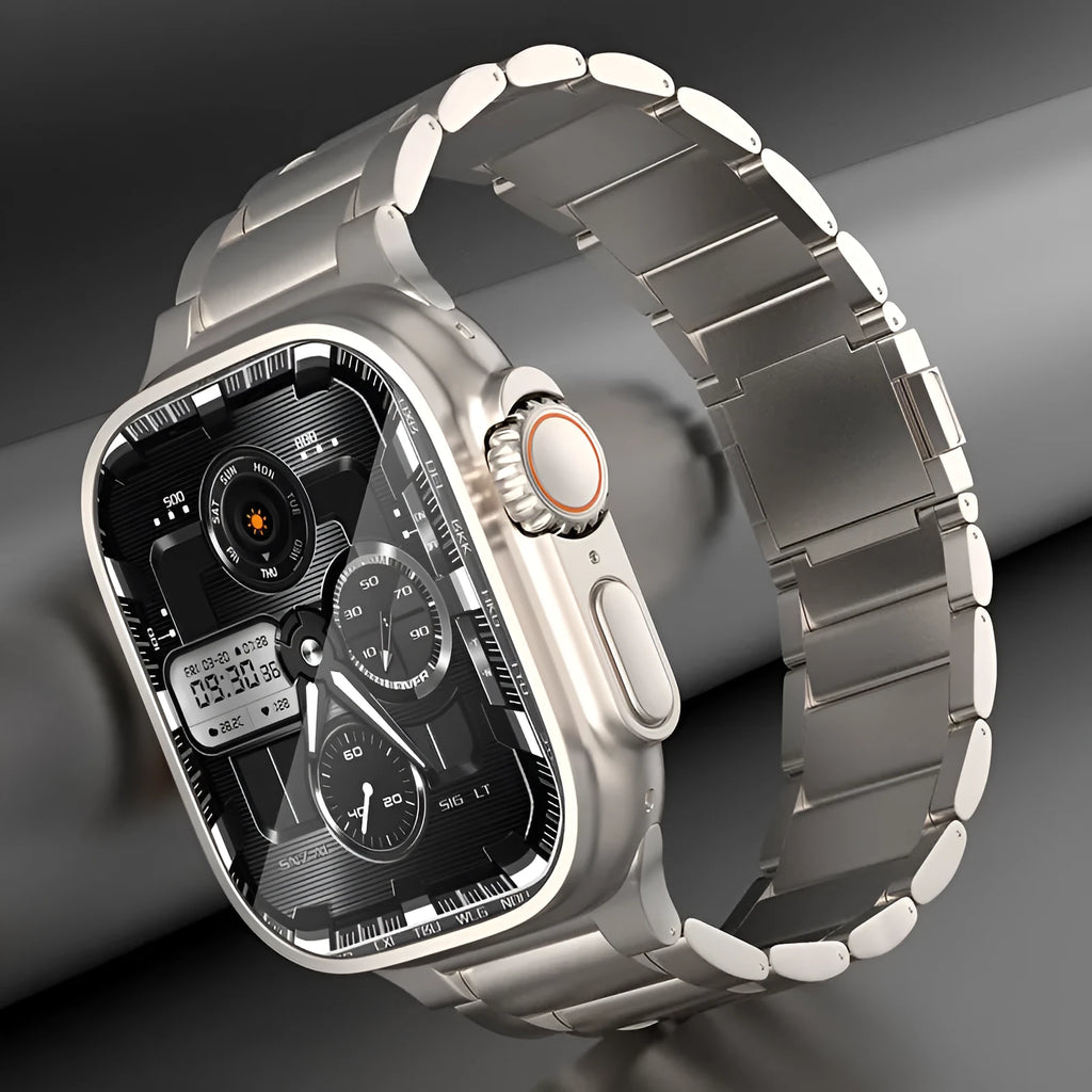 Titanium alloy magnetic snap watch strap for Apple Watch in silver colour on a wrist