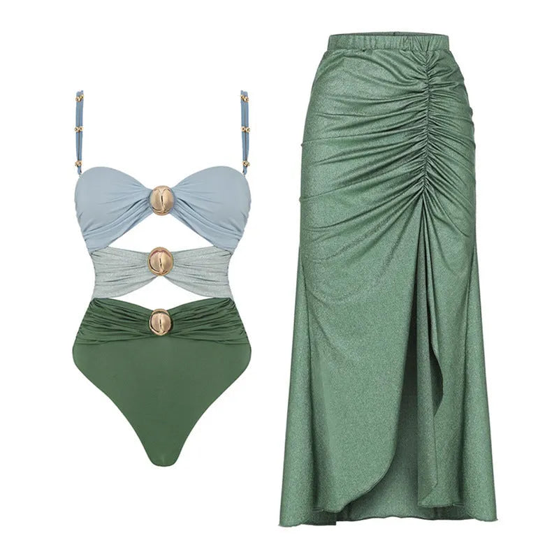 Women's high waist split bikini swimsuit in nylon fabric shown in green and yellow colour options