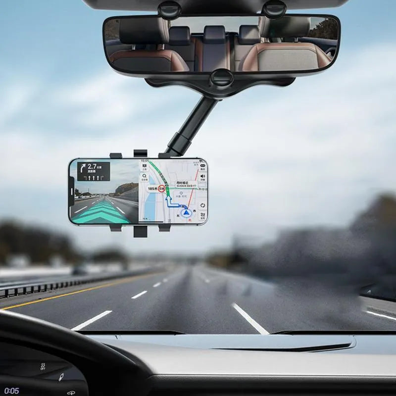 Black rearview mirror phone holder with 360-degree rotation and telescopic arm extended
