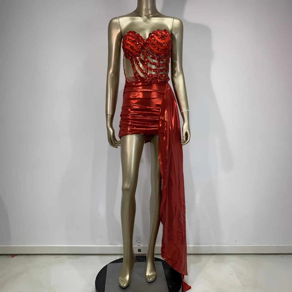 Red mesh stage costume skirt suit with hollow see-through design for banquet performances