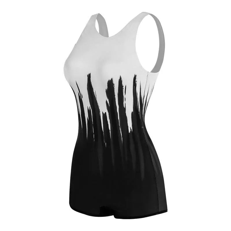 Black conservative one-piece swimsuit for women with a printed pattern.