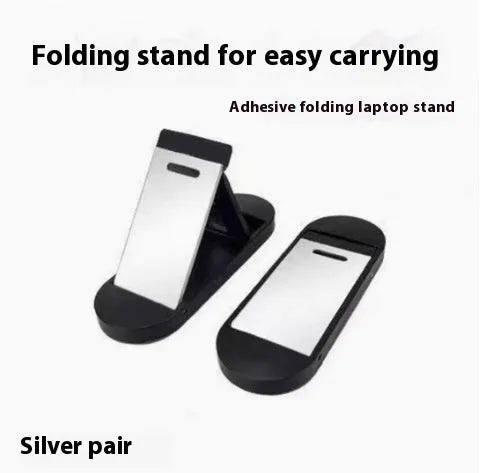 Compact folding aluminium laptop stand bracket in silver with adhesive strips