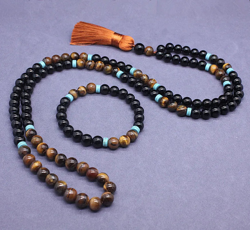 Black agate bracelet and tigereye stone necklace geometric jewellery set