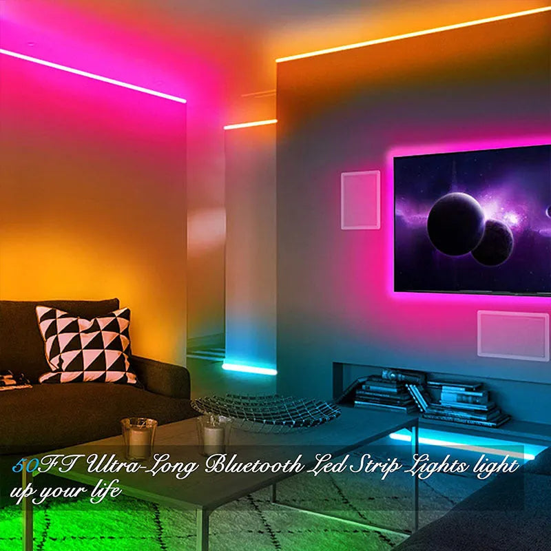 RGB LED light strip with Bluetooth controller and remote, showing colourful illumination