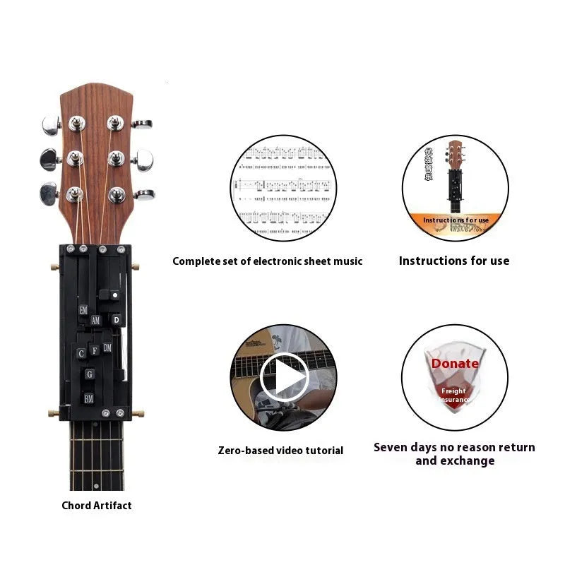 Automatic guitar chord device for beginners clamped on acoustic guitar neck