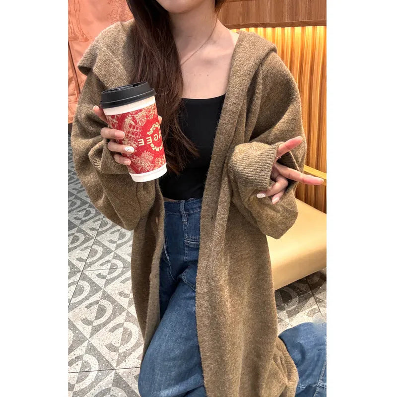 Korean style long below-knee hooded cardigan for women in a loose fit, shown in beige.