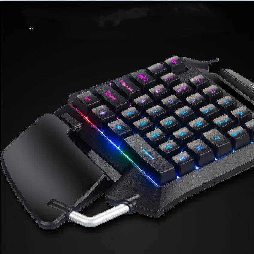 Black one-handed throne converter gaming keyboard for left-hand control with USB cable and wrist rest