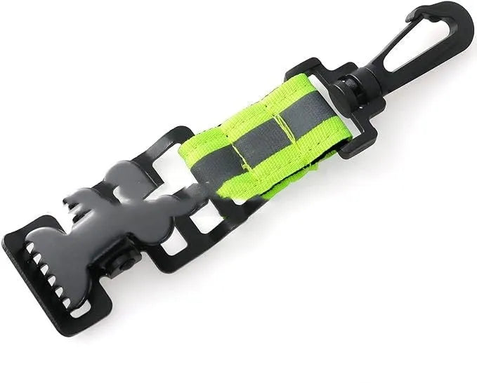 Fluorescent green metal gloves safety clip with reflective elements and buckle, shown as a single unit.