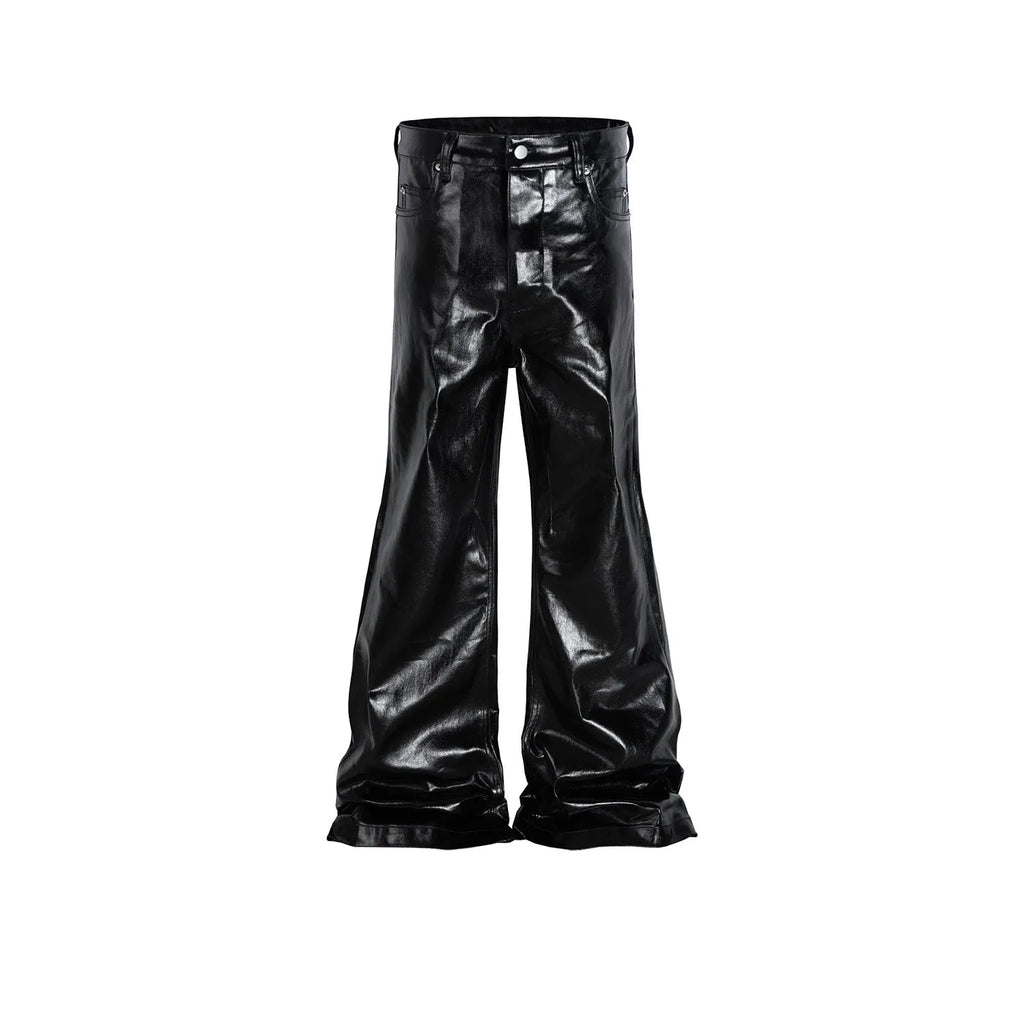 Black coated patent leather skinny jeans with a shiny straight-leg fit on a mid waist.