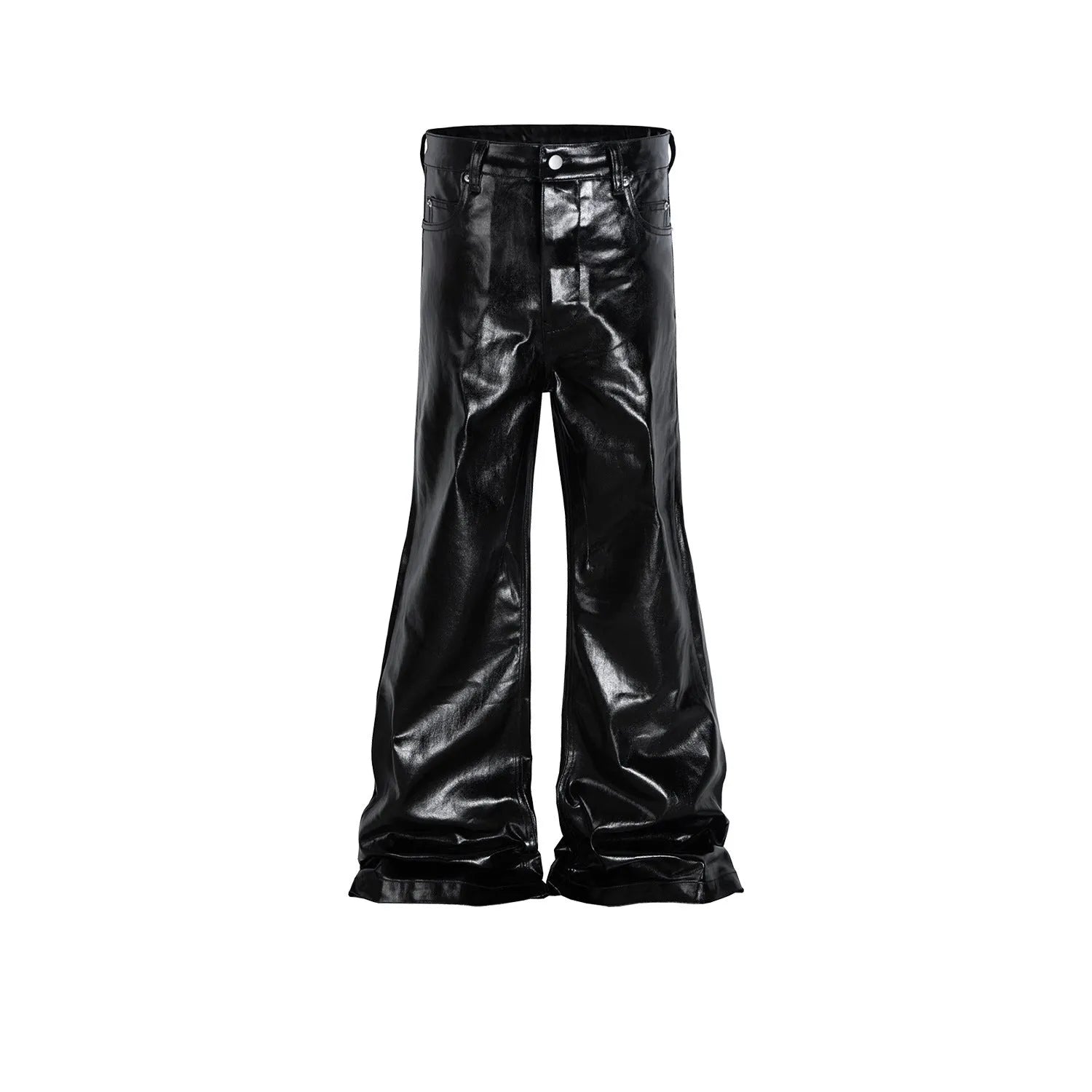 Black coated patent leather skinny jeans with a shiny straight-leg fit on a mid waist.