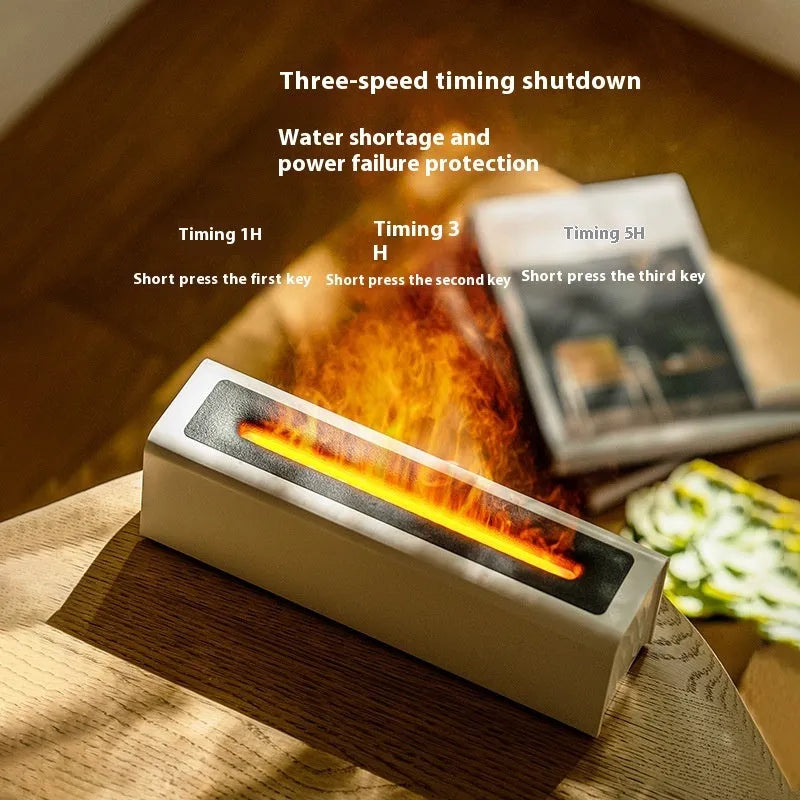 Square USB plug-in aroma diffuser with colourful flame lighting effect on wooden surface