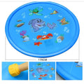 Blue PVC children's water spray play mat with marine animal print, shown on grass.